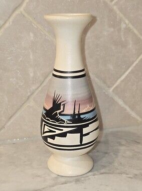 Vintage Native American Navajo Polychrome Art Pottery Bud Vase Signed Indigenous